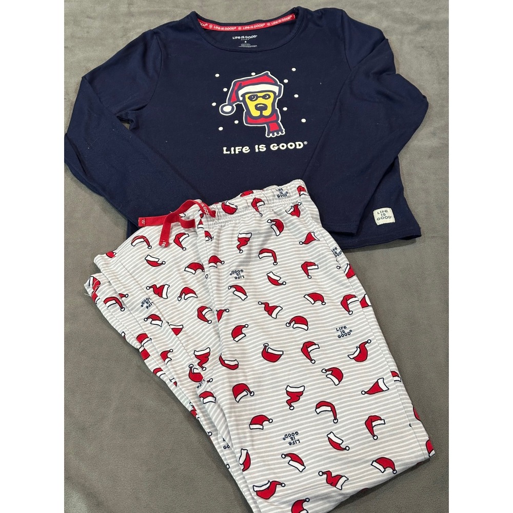 Life is Good Boys Pajama Set Navy Blue Santa Hat Jake Christmas Sleepwear Size 8